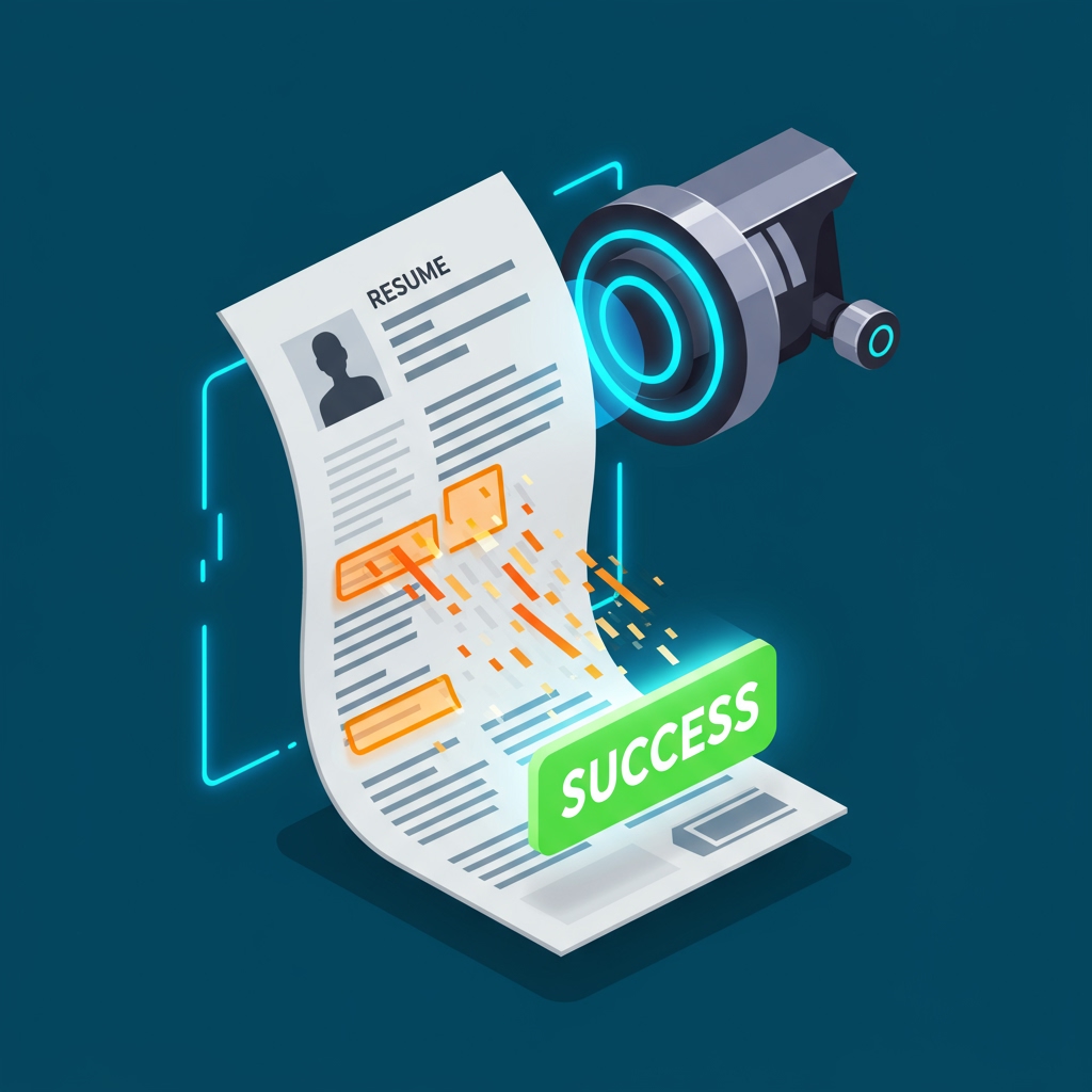 Illustration of a resume being scanned by an ATS robot, highlighting successful optimization for getting past the scanner.